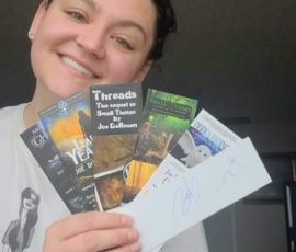 Katie Walker with her collection of bookmarks